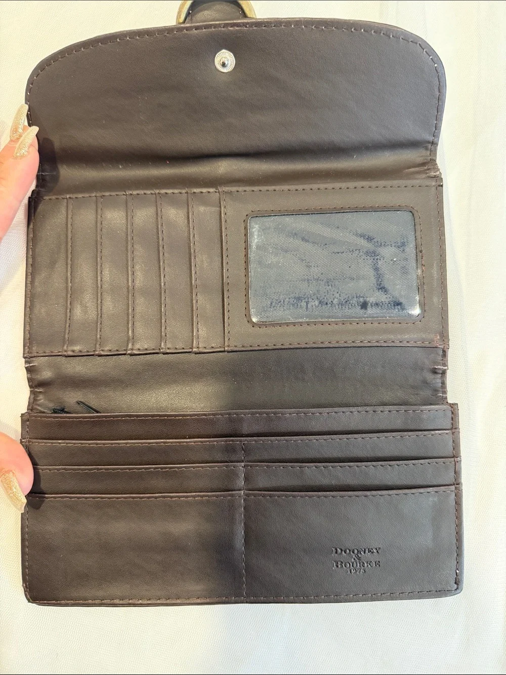 VTG Dooney & Bourke Signature Monogram Canvas Leather Trim Clutch Wallet - Brown